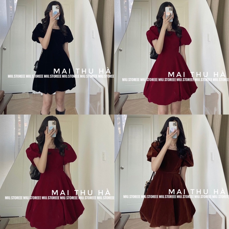 VÁY NHUNG TAY BỒNG XOÈ XINH MẶC TẾT VNTBXX