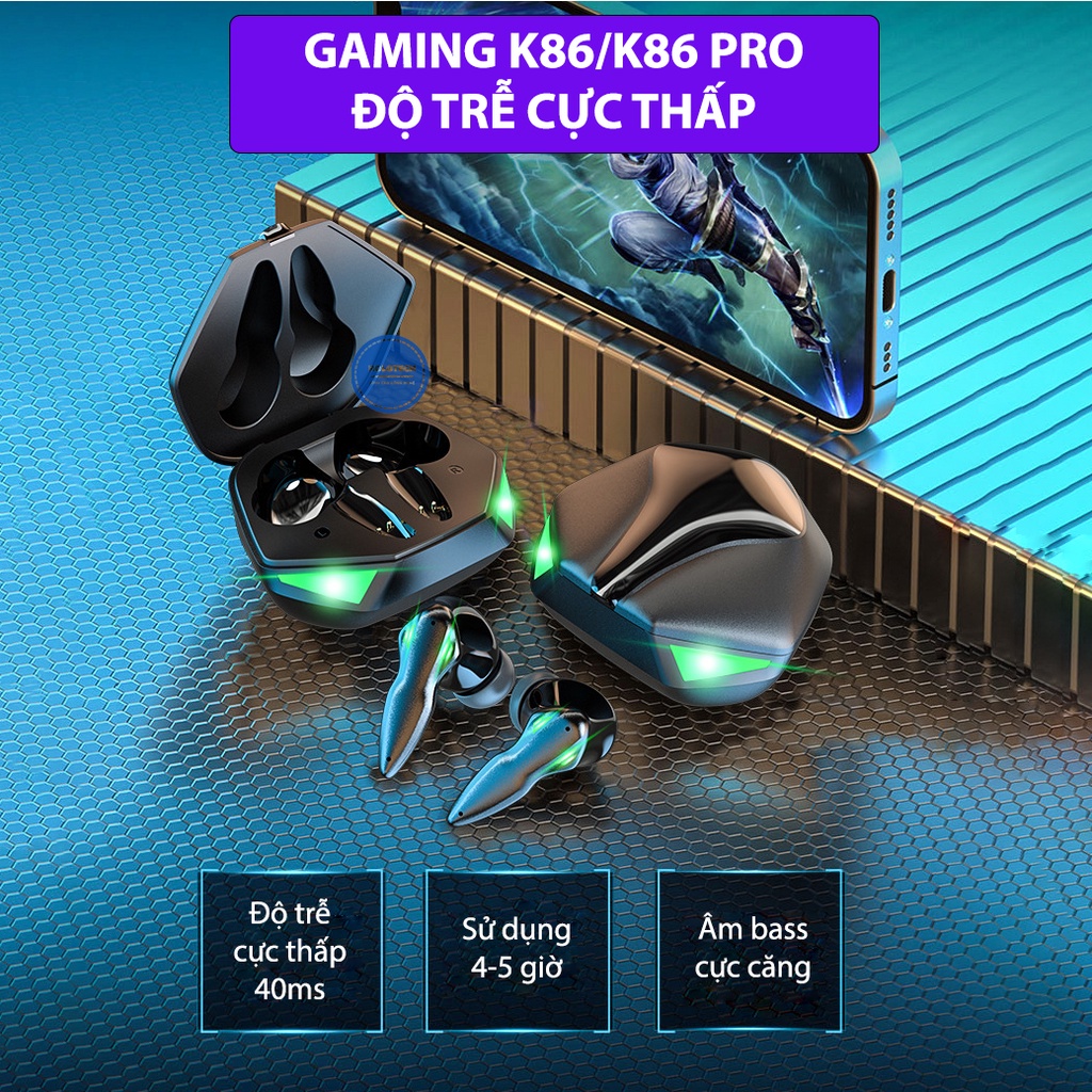 Tai nghe không dây Gaming K86 bluetooth 5.1 TWS có mic đàm thoại, pin khủng, âm bass sâu, chơi game với độ trễ cực thấp