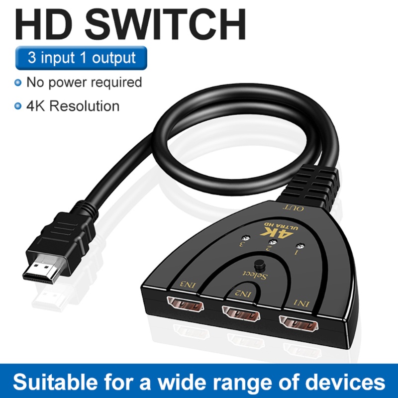 Công tắc 3x1 HDMI hỗ trợ 4K HD 3D với cáp tốc độ cao màu đen