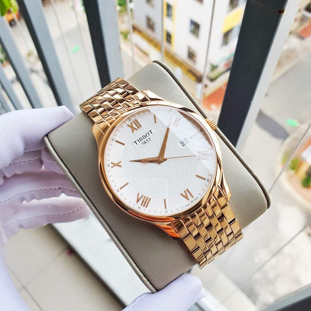 Đồng hồ Nam chính hãng Tissot 1853 Tradition T063.610.33.038.00 Size 42,Mặt trắng,Lịch ngày-Máy Pin Quart-Dây kim loại