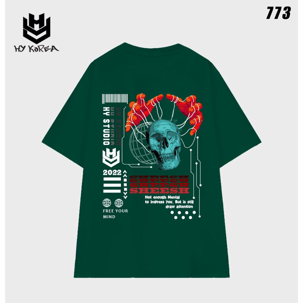 Áo thun nam tay lỡ HY KOREA nam nữ form rộng in hình Tay ôm Đầu lâu 773