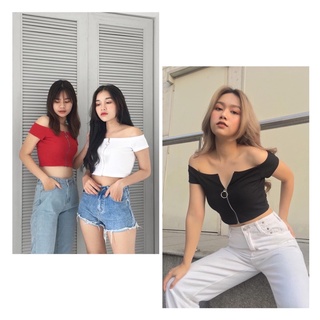 ÁO CROPTOP TRỄ VAI KHOÁ TRÒN [GEMI SHOP]