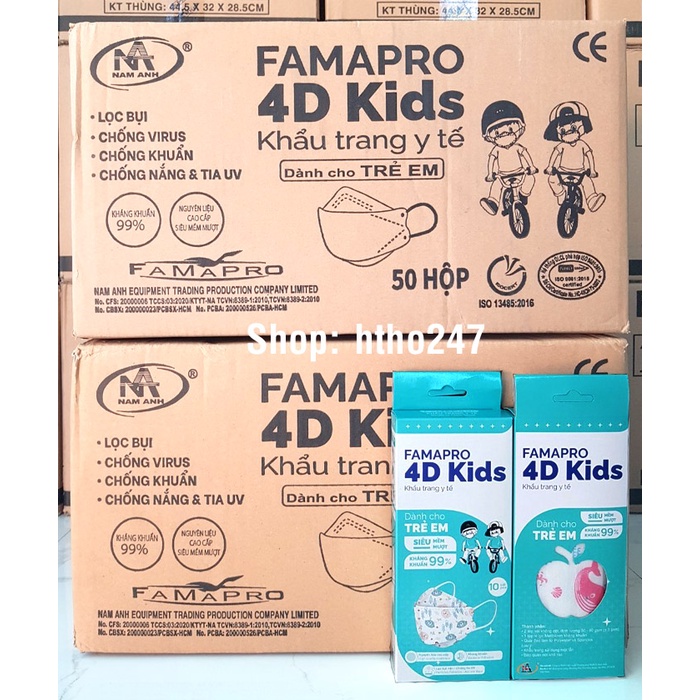 Hộp 10c Khẩu trang trẻ em 4D Kids Famapro chính hãng Nam Anh, kháng khuẩn, nhiều họa tiết