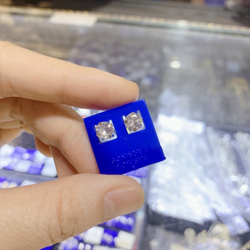 1 ĐÔI BÔNG TAI BẠC ĐÍNH ĐÁ TRẮNG SÁNG LẤP LÁNH HÌNH TRÒN, BẠC NGUYỄN KHÁNG, CỠ ĐÁ 6MM