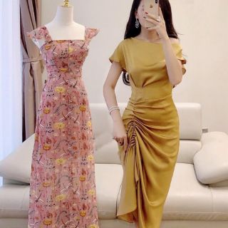 váy đầm phi lụa lệch vai nhún eo_hàng chất loại 1 cao cấp