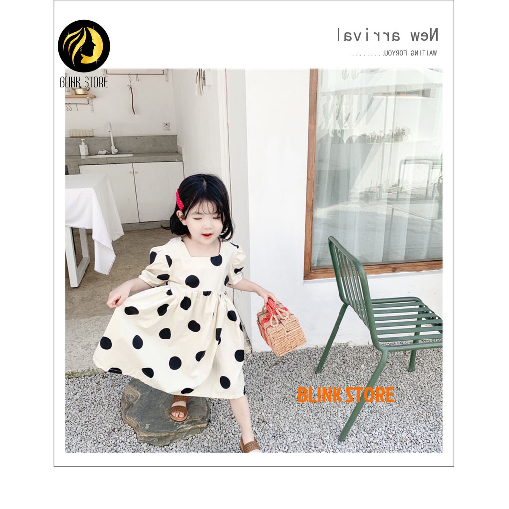 Váy bé gái váy trắng họa tiết chấm bi to, dáng tay bồng babydoll  siêu xinh chất liệu cotton thô mát 3-8 tuổi  VTE06