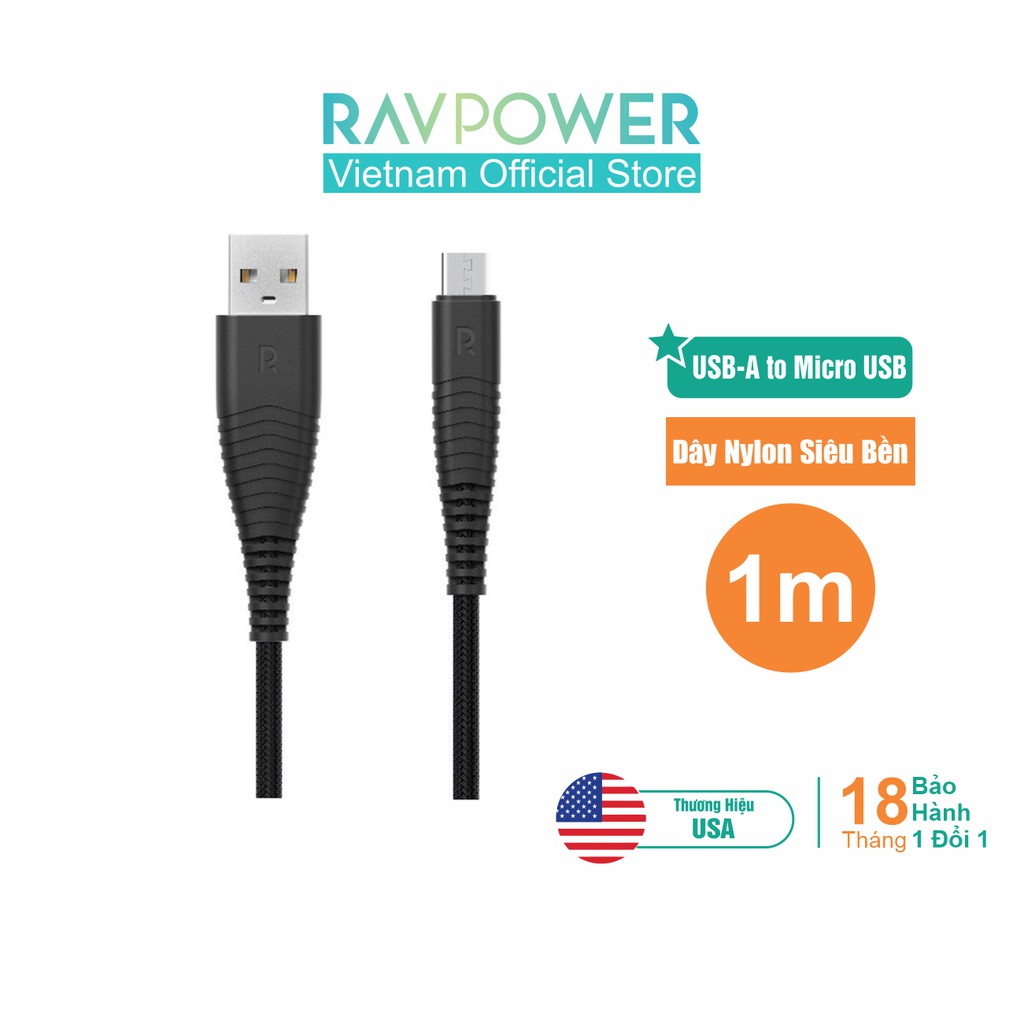 Dây Cáp Sạc MicroUSB RAVPower 1m - RP-CB048 - Hàng Phân Phối Chính Thức:Black