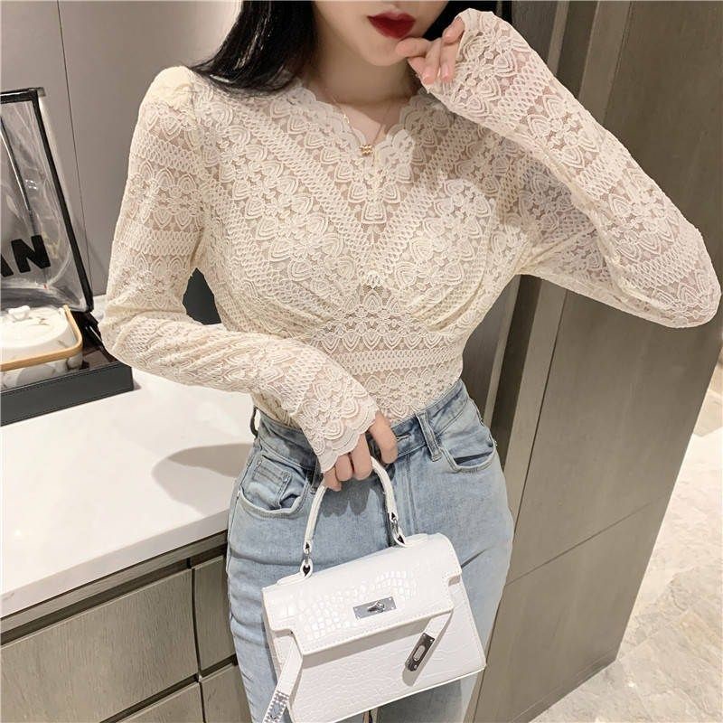 Áo Ren Lưới Tay Dài Cổ Chữ V Thời Trang Quyến Rũ Cho Nữ