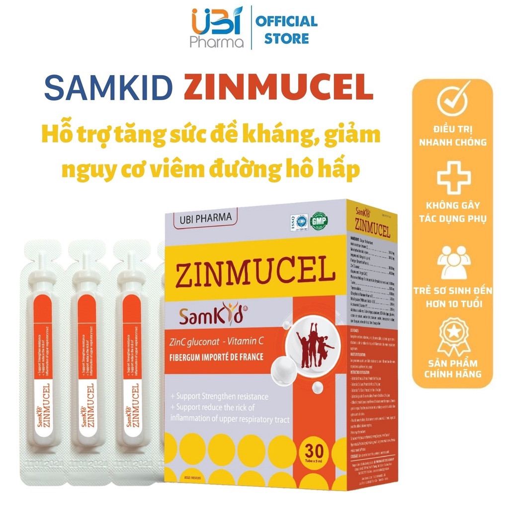 Thực phẩm bảo vệ sức khỏe Samkid Zinmucel bổ sung kẽm, vitamin, hỗ trợ tăng sức đề kháng 30 tuýp x 5ml