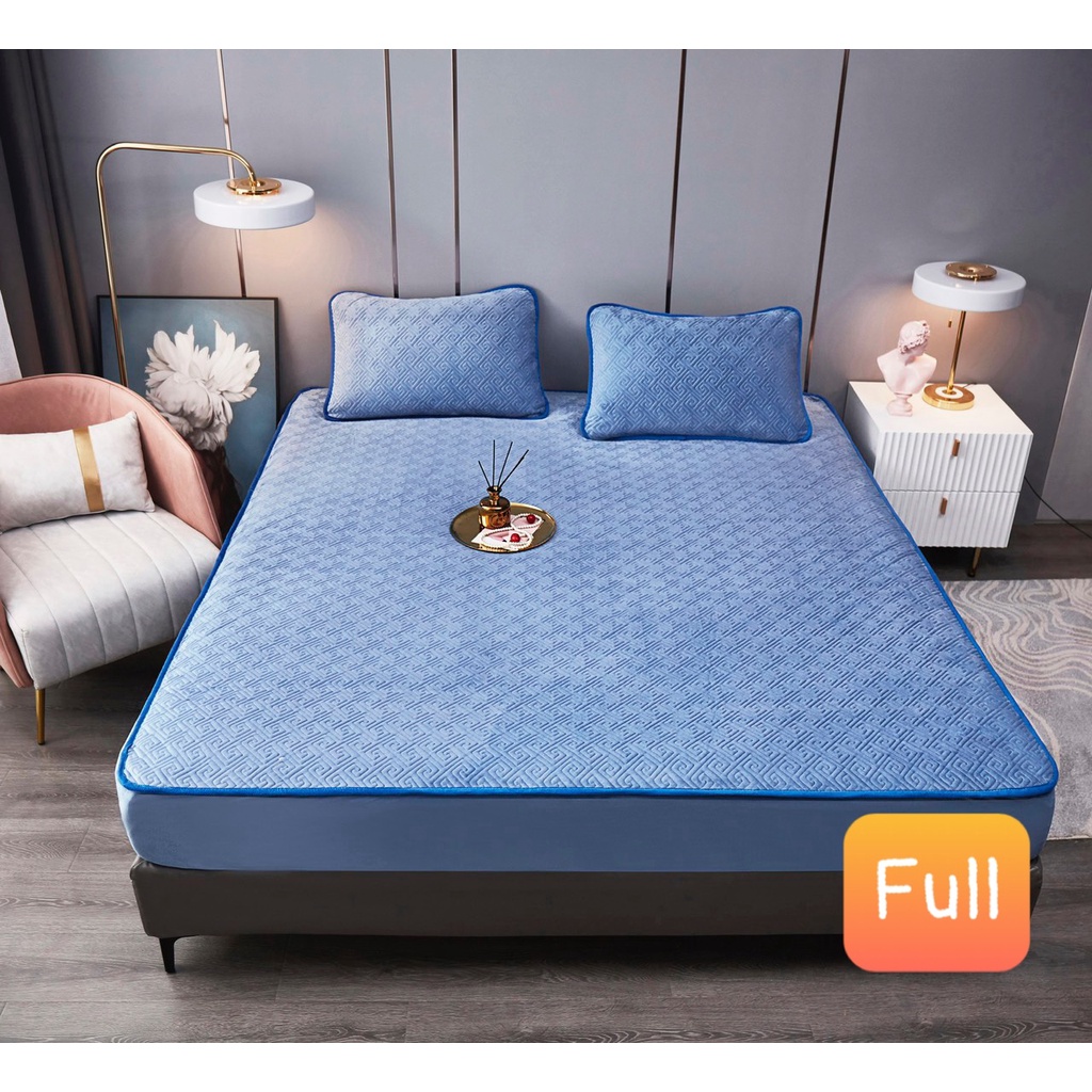 Bộ Ga Gối Trần Bông Nỉ Nhung Hoạ tiết chữ Vạn cao cấp, thảm ga nỉ nhung dùng mùa đông ấm áp - kích thước 1m6; 1m8; 2m2