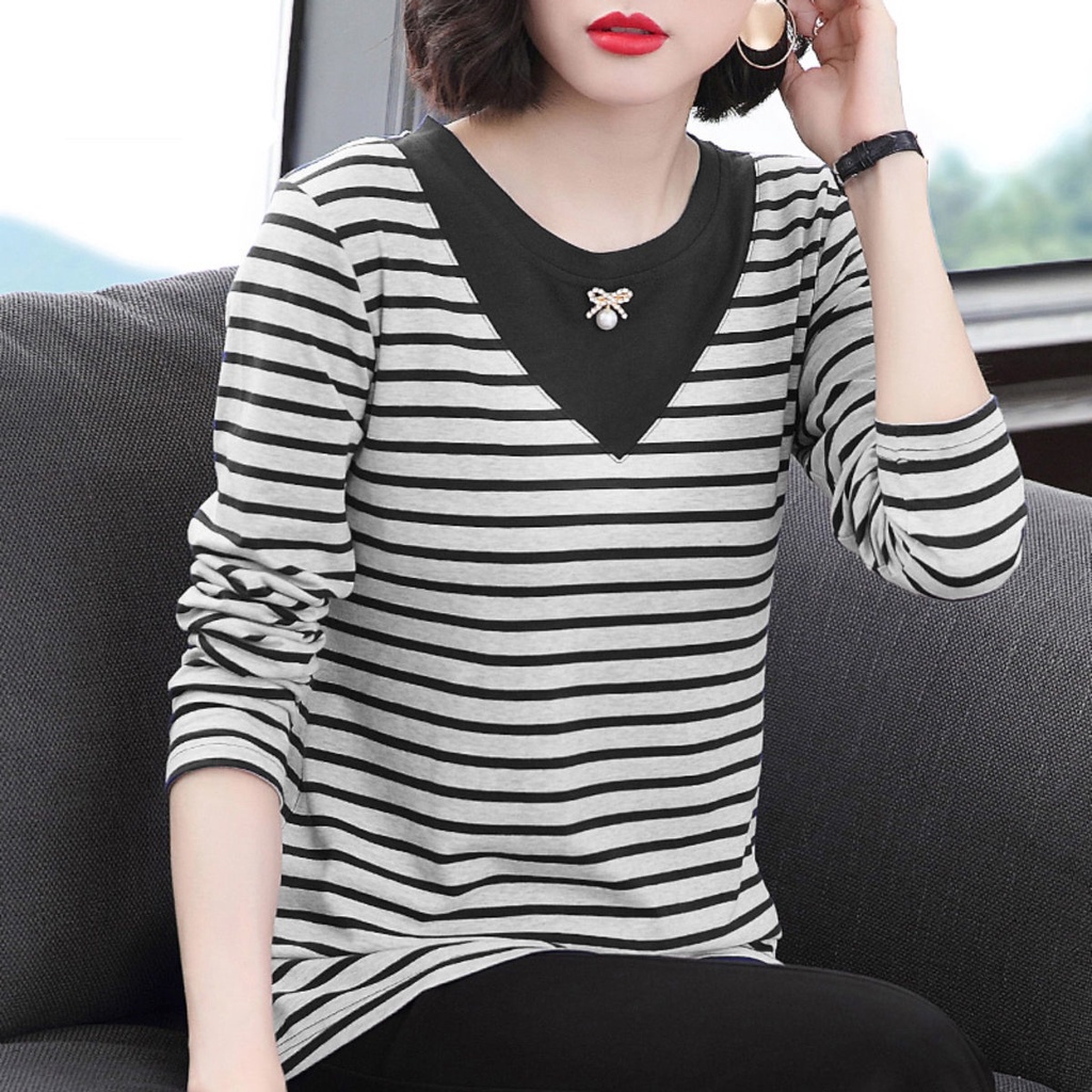 Áo Thun Tay Dài Dáng Rộng Kẻ Sọc Ngang Trẻ Trung Hợp Thời Trang Cho Nữ