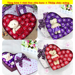 Quà tặng bạn gái 8/3 14/2 20/10 - hộp hoa hồng sáp thơm trái tim 20 bông + gấu bông + tặng kèm 1 thỏi son và thiệp