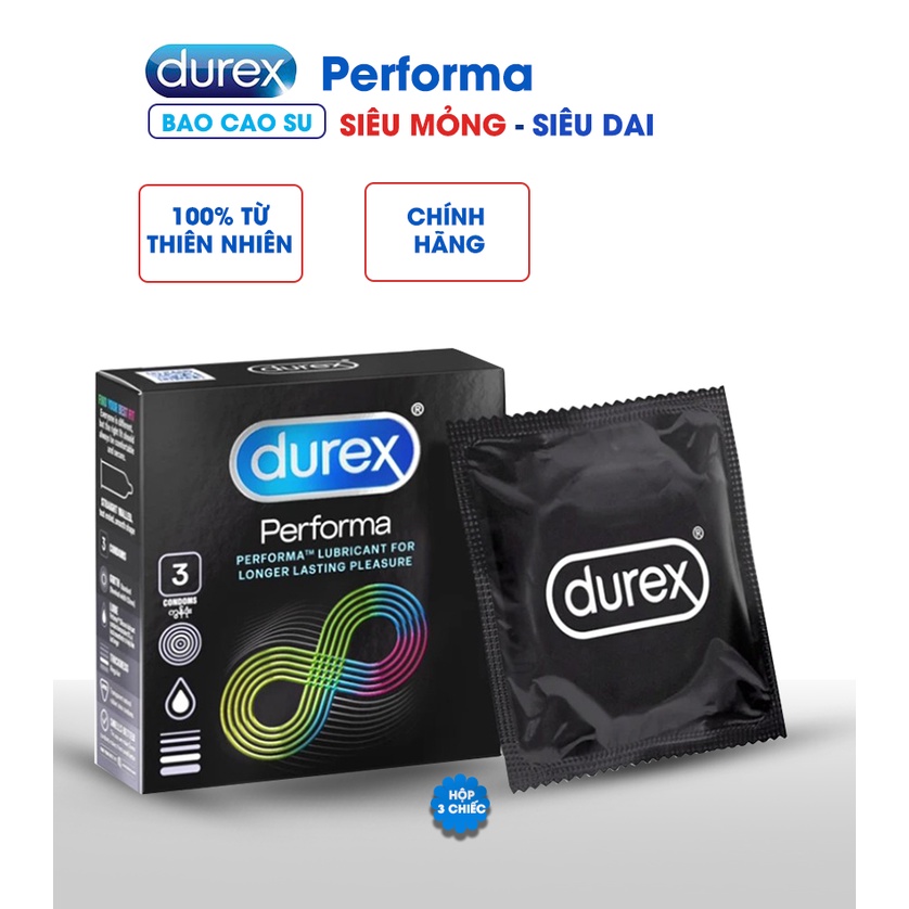 Bao cao su Durex Performa CHÍNH HÃNG, Size 52mm - Hộp 03 cái - Kéo Dài Thời Gian Quan Hệ