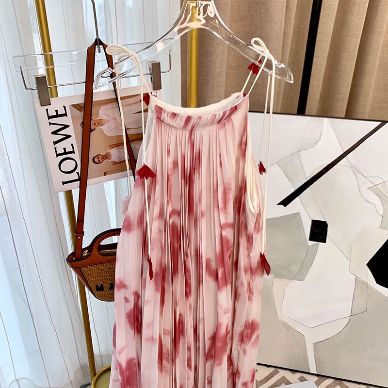 Đầm Chiffon Hai Dây In Họa Tiết Phong Cách Retro Pháp