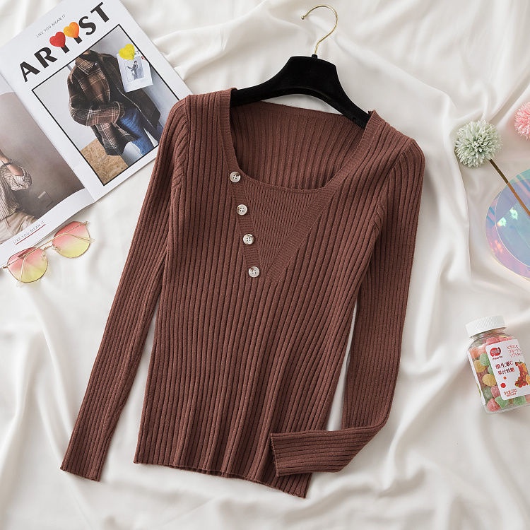 Áo Dệt Kim Tay Dài Cổ Vuông Dáng Ôm Phong Cách Phương Tây Thời Trang Mùa Thu Cho Nữ