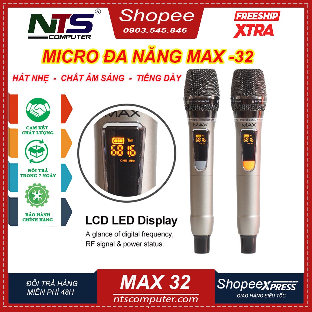Combo 2 Micro không dây đa năng Max 32 - Màn hình LCD hiển thị tần số - phù hợp cho mọi thiết bị bắt sóng xa hút âm tốt