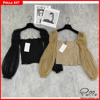 Áo bánh bèo nữ Polla B004, Kiểu áo nữ đẹp, Mẫu áo cổ vuông kết hợp tay bồng điệu đà - Thời trang Polla