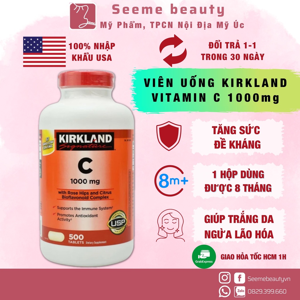 [HÀNG MỸ] Viên Uống Bổ Sung Vitamin C Kirkland 1000mg Sáng Da Chống Lão Hóa 500 viên SeeMe Beauty