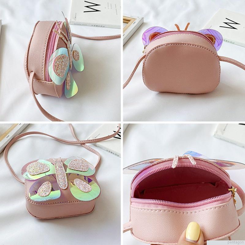 Túi đeo chéo mini bằng da PU đính sequin hình bướm dễ thương cho bé gái