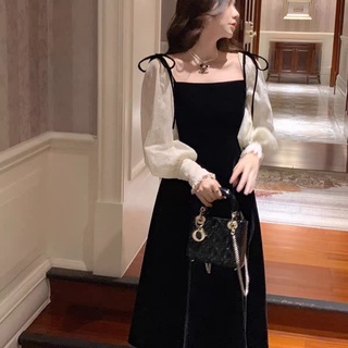 Vn522 - váy nhung đen tay voan hoa nổi dây nơ vai