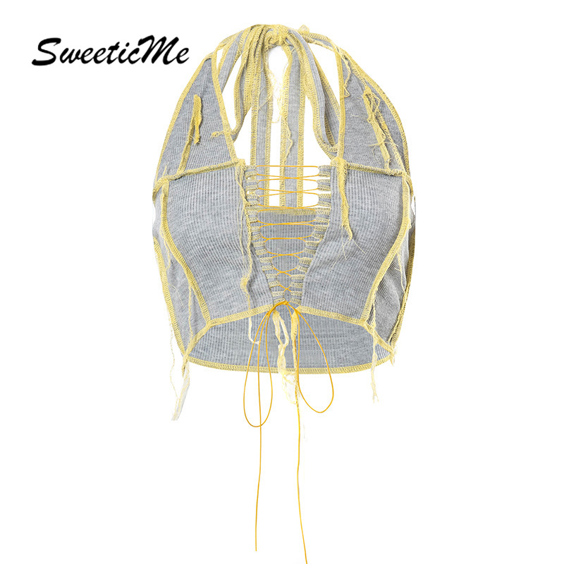 SweeticMe Women Contrast Lined Sexy V-neck Backless Slim Fit Casual Halter Top