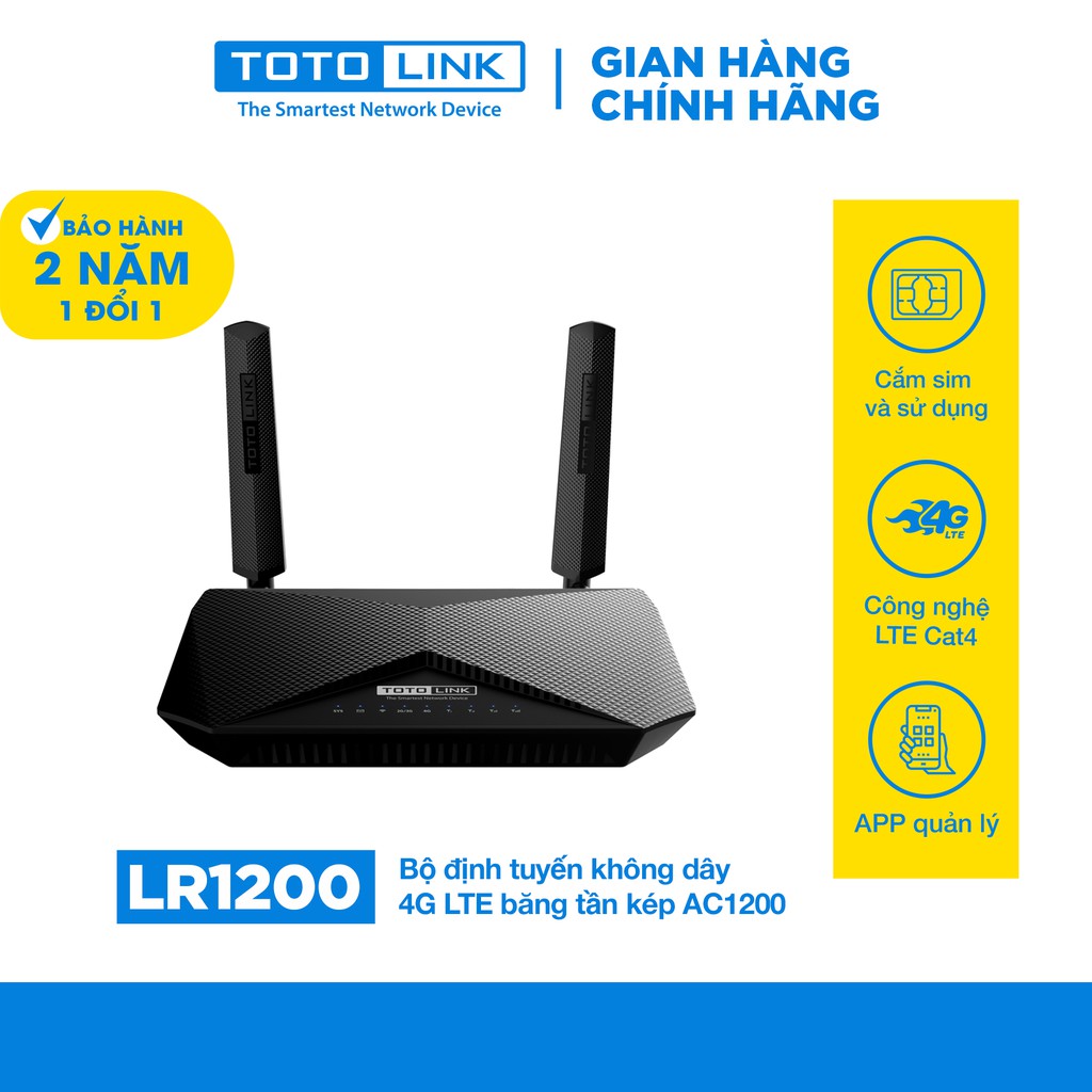 Bộ định tuyến không dây 4G LTE băng tần kép chuẩn  AC1200 LR1200 TOTOLINK Cục phát wifi dùng sim tốc độ cao chính hãng