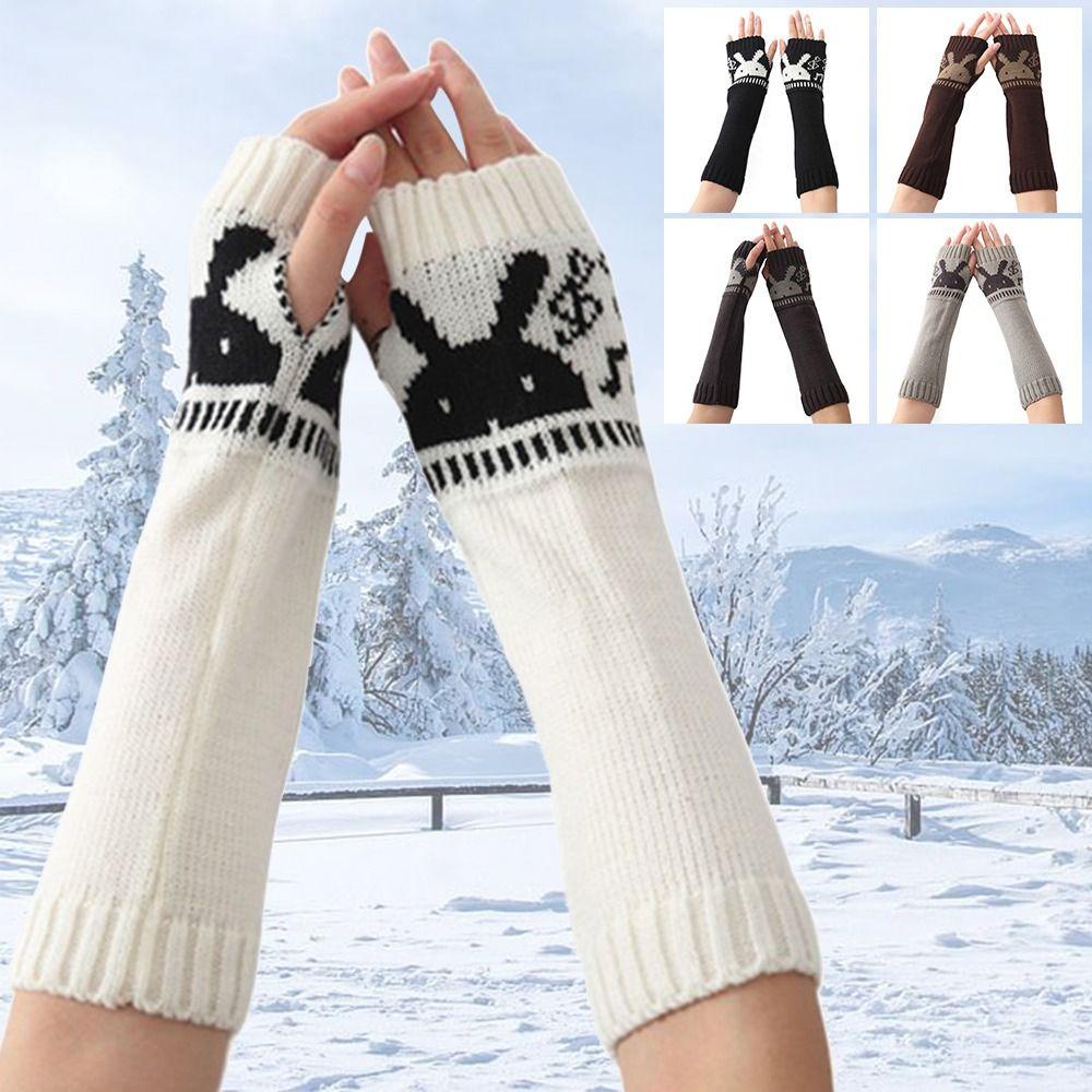 Găng Tay Len Hở Ngón Họa Tiết Thỏ Ấm Áp