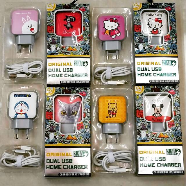 Hoạt Hình Bộ Sạc 2 Cổng Usb 2.4 Amper Hình Mèo Hello Kitty / Chuột Mickey Đáng Yêu