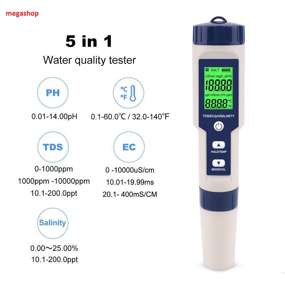 Máy đo độ mặn cầm tay Portable salinity water meter TDS EC pH Temperature Multimeter 5 in 1