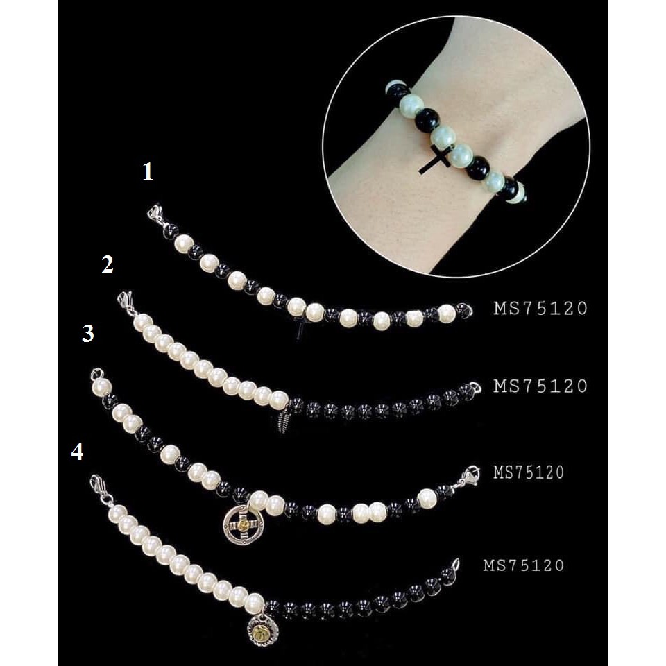 Dây vòng tay đá đen mix hạt ngọc cá tính - vòng tay mix charm họa tiết chữ thập độc đáo