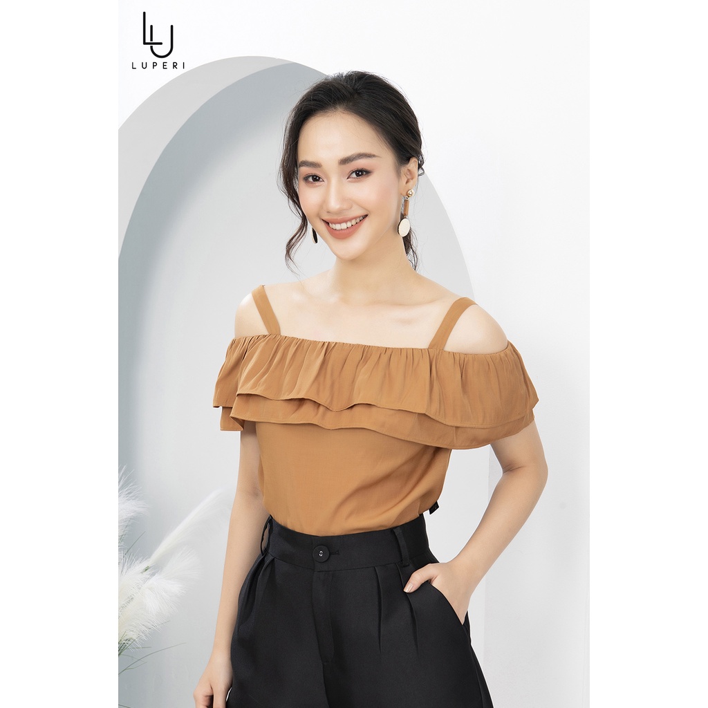 Áo Sơ Mi Nữ Trễ Vai Phối Bèo Luperi chất liệu lụa mát mềm mịn cho nàng đi chơi dạo phố LFSM1149