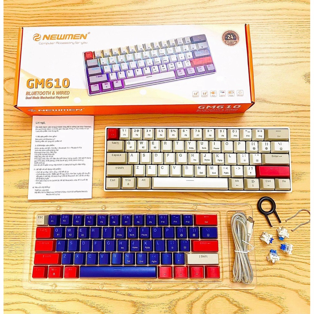BÀN PHÍM CƠ KHÔNG DÂY ĐA GIAO THỨC Newmen Dual mode GM610, (LED RGB , PBT , BT5.0) Kết nối Bluetooth [Tặng kèm Keycap]
