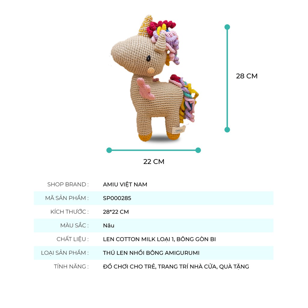 Gấu bông móc len Amigurumi cao cấp Amiu Việt Nam - Ngựa Unicorn, quà tặng đồ chơi nhồi bông hình kỳ lân - SP000285