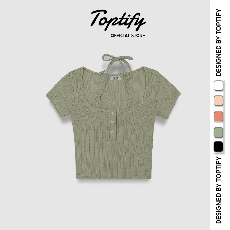(Lẻ) Áo croptop nữ body ngắn tay TOPTIFY yếm liền cổ trụ vải thun xô Hàn Quốc Call Me top AC209 (ảnh thật)