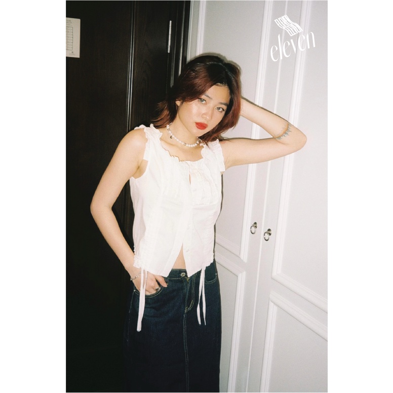 Áo vest màu trắng dây rút ren tươi mát phong cách nữ sinh