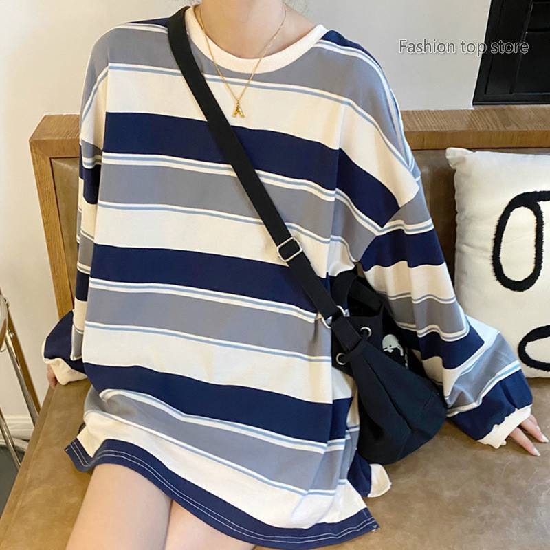 Áo Thun Nữ Tay Dài Kẻ Sọc Ngang Phối Màu Thời Trang