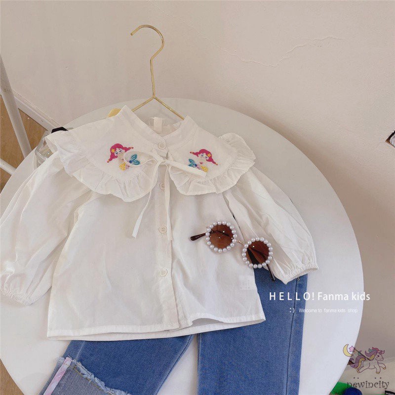 Bộ Áo Sơ Mi Cổ Thêu Họa Tiết Hoạt Hình Nàng Tiên Cá + Quần Jeans Cho Bé Gái