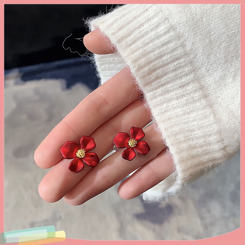 1 Đôi Bông Tai Hình Hoa Bốn Cánh Màu Đỏ Ngọt Ngào Dành Cho Nữ