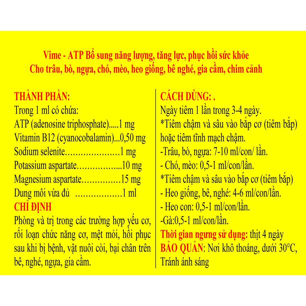 1 lọ Vime - ATP 20 ml Bổ sung năng lượng, tăng lực, phục hồi sức khỏe Cho trâu, bò, ngựa, chó, mèo, heo giống, gia cầm