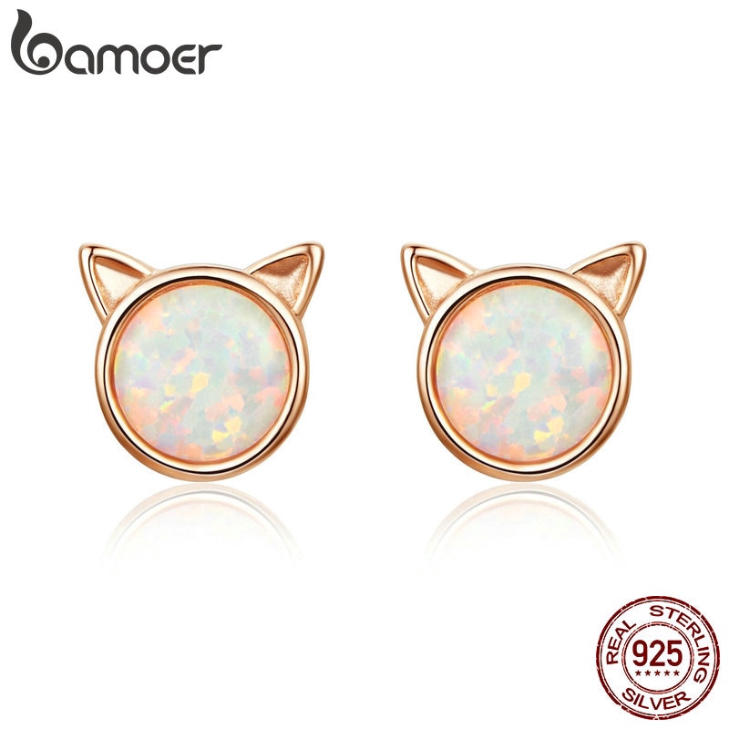 Bông Tai Bamoer Mạ Vàng Hồng Phối Tai Mèo Đính Đá Opal Nhỏ Nhắn Sang Trọng Cho Nữ