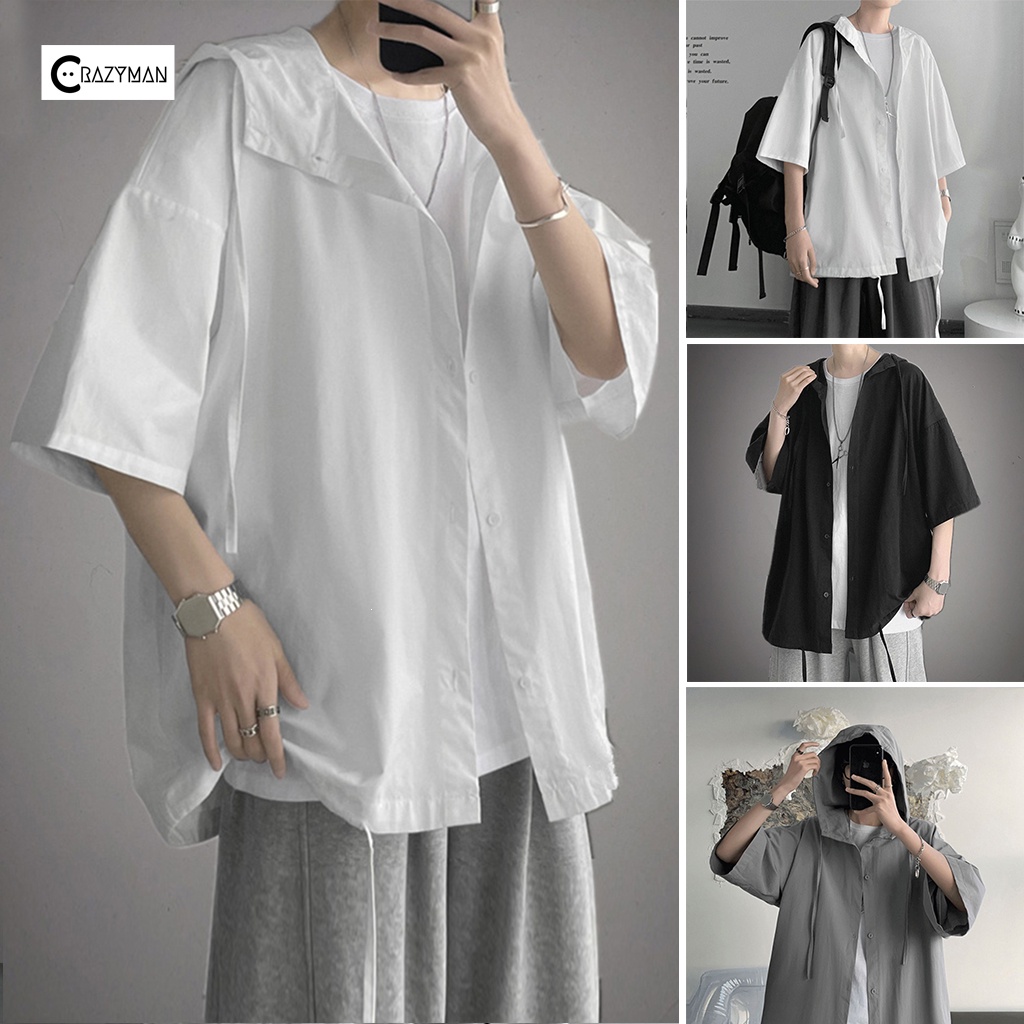 Áo sơ mi nam tay ngắn unisex form rộng phong cách Hàn Quốc , áo sơ mi tay lỡ 3 màu đen trắng ghi có mũ