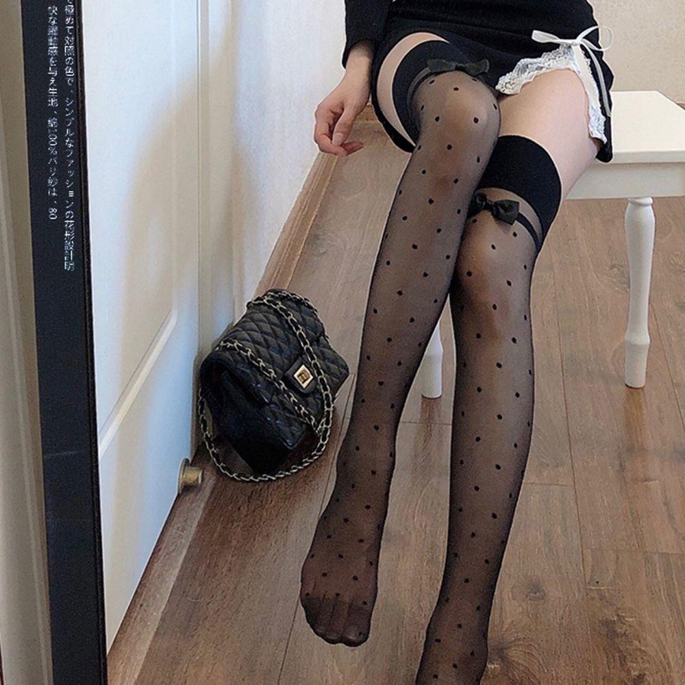 Tất Bắp Chân Thoáng Khí Họa Tiết Chấm Bi Đính Nơ Phong Cách Lolita WMES15H