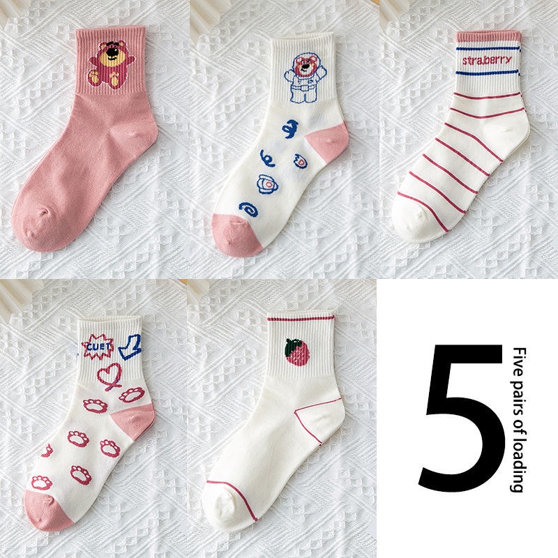 Vớ Dài Trung Bình In Họa Tiết Dâu Tây / Gấu Hoạt Hình Dễ Thương Thời Trang Mùa Đông Nhật Hàn Cho Nữ