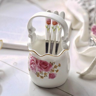 Lẵng sứ, giỏ sứ cắm thìa dĩa tròn quai nơ