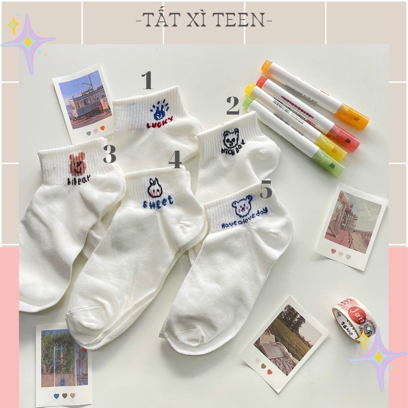 Tất vớ thấp cổ trắng hoạ tiết 5 mặt chú gấu cute