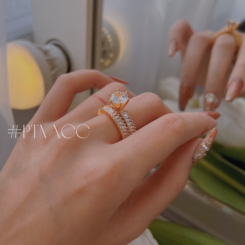 Set nhẫn paguet xi bạch kim, xi mạ vàng, bộ nhẫn 2 chiếc đính đá paguet nhỏ đơn giản .PTNACC.