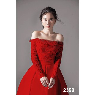 Đầm dự tiệc trễ vai phối ren - Đỏ