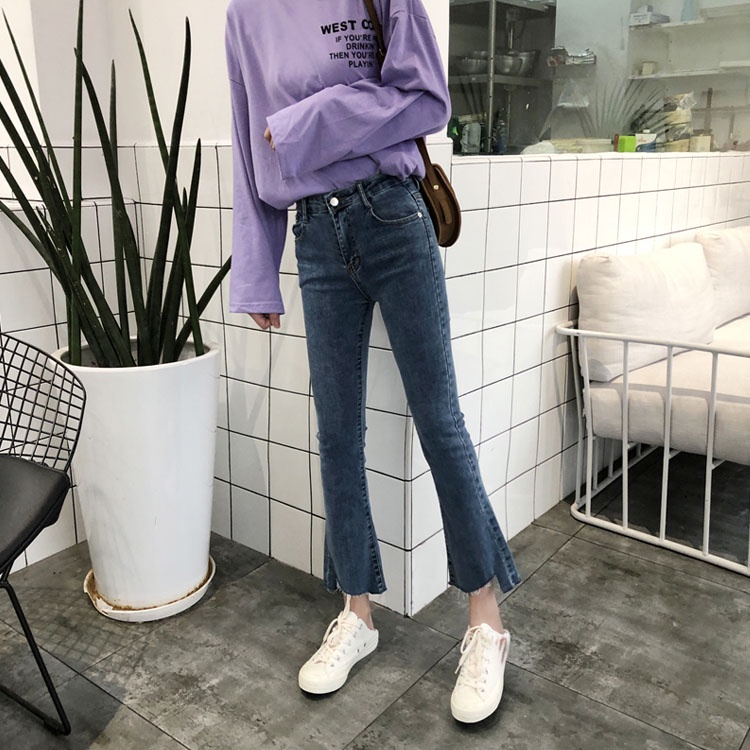 Quần 2021 mới phong cách Hàn Quốc quần jean ống loe cạp vừa của phụ nữ, mùa hè, thoải mái mát mẻ co dãn