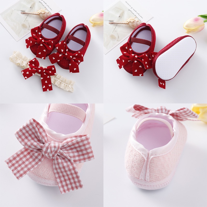 Set băng đô và giày tập đi đế mềm chống trượt đính nơ cho bé gái 0-18 tháng tuổi