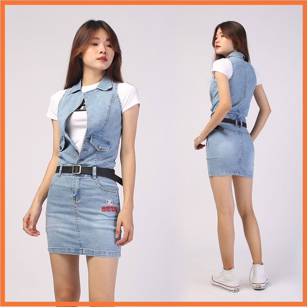 Chân váy ngắn jean HANOIJEAN - Chân váy liền áo màu xanh trắng co giãn chân váy bò VAY005